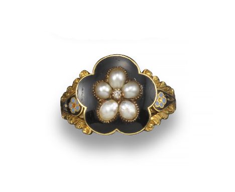 A William IV gold mourning ring, the flower head top section centred with a small diamond between five seed pearls on black e