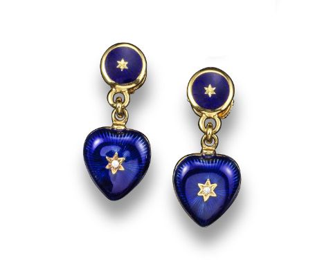 A pair of modern heart earrings by Fabergé, the blue enamel hearts are decorated with a diamond and suspend from a blue ename