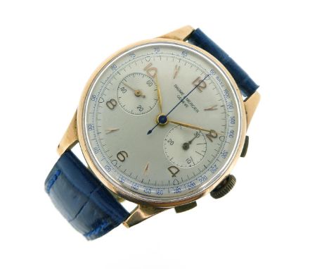 BAUME & MERCIER - an 18ct gold gentleman's chronograph wrist watch, silver dial with rose gold Arabic numeral hour markers al