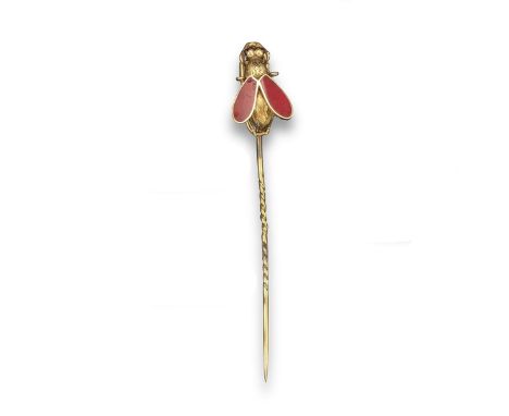 A late 19th century gold bee stick pin, realistically formed and with carnelian-mounted wings (chips to one side), bee 2cm hi