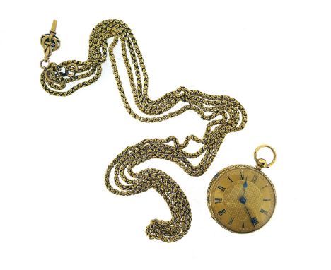 An 18ct yellow gold key-wind open-faced fob watch, the gold dial with engine-turned decoration and black Roman numerals, engi