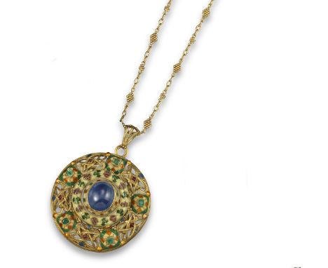 An intricate cabochon sapphire enamel and gem-set pendant by H.G. Murphy, the circular pendant set with a central oval caboch