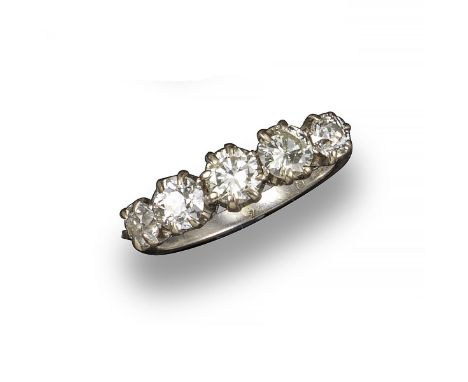 A diamond five-stone ring, the graduated circular-cut diamonds are set in platinum, size K ½