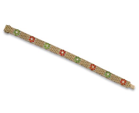 A gold gate-link bracelet, set with eight flower heads, each centred with a seed pearl and alternately decorated with green a