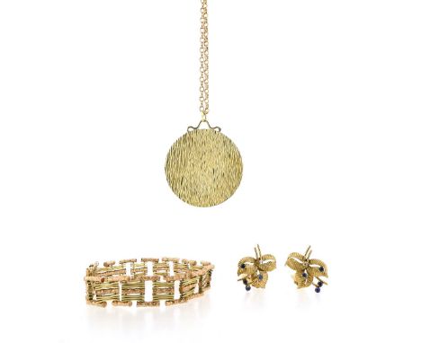 A 9ct two-colour fancy and textured gate-link bracelet, 19cm, and a pair of textured gold leaf-form earrings, each set with c