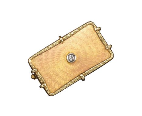 A pink enamel rectangular gold brooch, set with a circular-cut diamond to the centre within gold laurel border, with Russian 