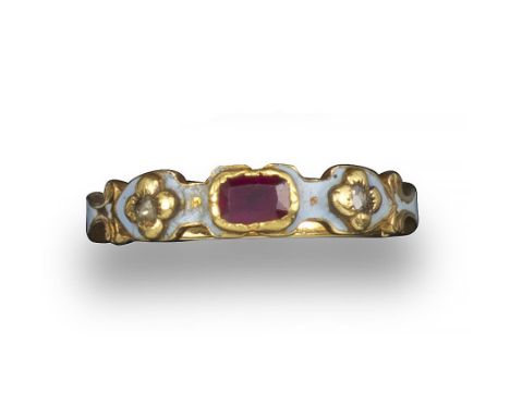 A Victorian ruby, diamond and enamel gold ring, of scroll design and centred with a rectangular-cut ruby and two small should