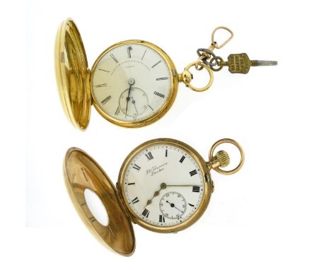 Two gold pocket watches, including one 18ct gold key-wind hunting-cased pocket watch by Frodsham and Baker, the white enamel 