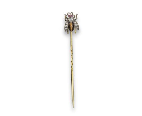 A late 19th century bee stick pin, set with rose-cut diamonds and with a tiger's eye body and ruby eyes, fitted case