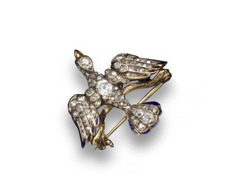 A 19th century diamond-set dove brooch, set with graduated old cushion-shaped diamonds, blue enamel to the wings and ruby eye