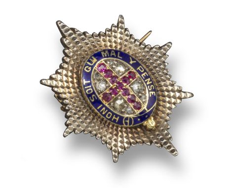 A Regimental brooch for the Cold Stream Guards, set with a rubies and diamonds to the centre section within blue enamel borde