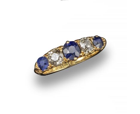 A sapphire and diamond five-stone ring, set with three sapphires and two old circular-cut diamonds in 18ct yellow gold, Chest