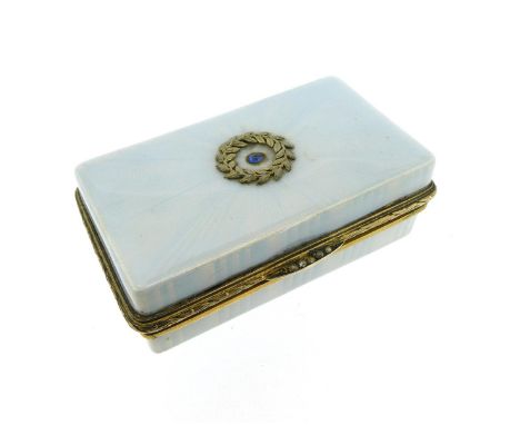 A French silver-gilt double compartment compact, the rectangular box with light blue guilloche enamel overall, centred with a