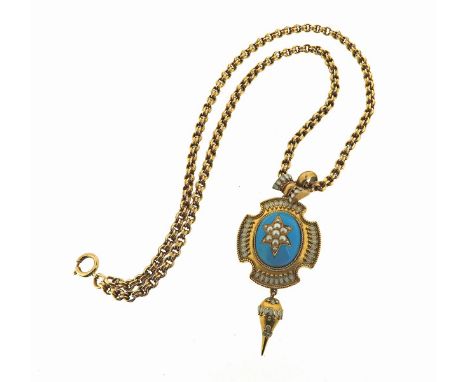 A Victorian gold locket pendant, the domed centre section decorated with blue enamel and with seed pearl-set star motif withi