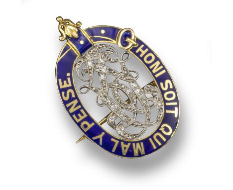 A diamond-set gold and enamel brooch, the cipher millegrain-set with diamonds and contained within a Royal Garter with blue e