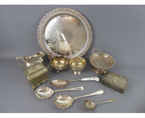 A Quantity of Silver Plate, including a tray, sugar bowl, milk jug, tea caddy, wine strainer, flatware and a silver trinket b