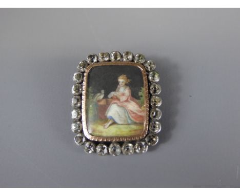 An Antique Hand-Painted White Stone Yellow Gold and Silver Portrait Memorial Miniature, the portrait depicting a girl and a d