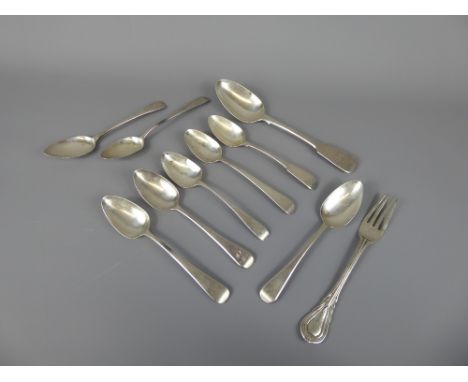 Miscellaneous Silver, including a Christening Fork, Victorian silver dessert spoon, four Georgian silver teaspoons, nine misc