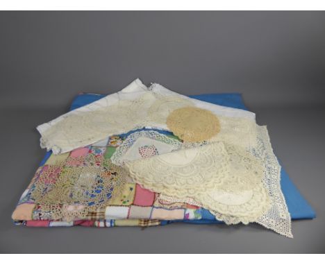A Quantity of Antique Linen & Lace, including bed covers, table cloths, tray cloths together with a Cotton Patch Work single 