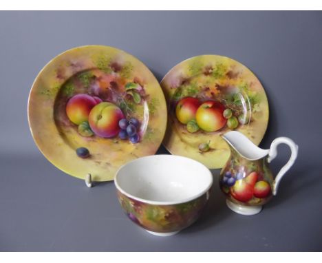 Royal Worcester Style Hand-Painted Plates, Sugar Bowl and Creamer, painted by H. Ayrton, and R. Townsend, no official factory