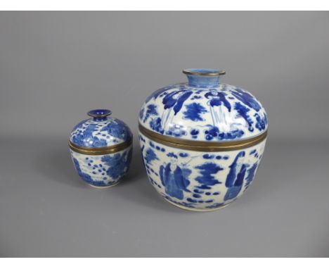 A Chinese Blue and White Crackle Glaze Bowl and Cover, approx 20 cms, hand painted with figures amongst cloud scroll together