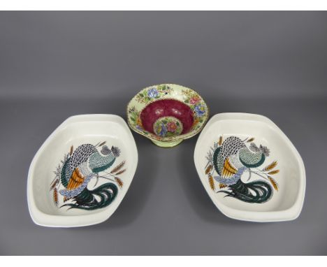 Two Vintage Poole Pottery Vegetable Dishes, depicting cockerel, approx 27 x 31 cms, together with a Maling Peony Rose Bowl, n