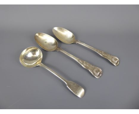 Victorian Silver Serving Spoons, London hallmark, dated 1866, mm Beare Falcke together with a silver sauce ladle, London hall