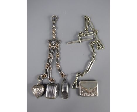 A Silver Fob Chain with Silver Stamp Box approx 24.8 gms, together with another silver and 9 ct gold part chatelaine with thr