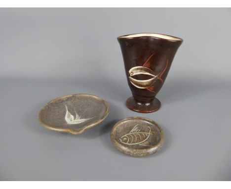 Three Winchcombe Pottery Items, including an earthenware brown-glazed vase decorated with a fish, approx 11 cms high, and two