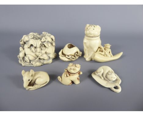 Miscellaneous Reproduction Netsuke, including puppy, rat, melon, figure of man and mice feeding on a bag of corn.
