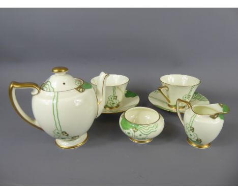 1930's Royal Doulton Art Deco Glamis Tea Set in Fairy shape, V1312. Abstract floral design with green and gilt highlights, co