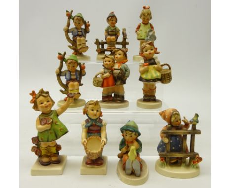 Ten Goebel Hummel figurines including; 'Sister', 'Apple Tree Boy', 'Little Gardner', H11cm and seven others (10)   Condition 