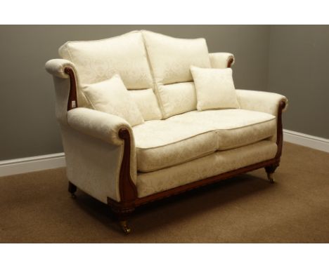 Two seat mahogany framed traditional sofa upholstered in cream damask fabric, W160cm, D95cm   Condition Report   Click here f