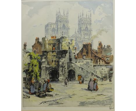 View of York Minster from Bootham Bar, limited edition colour etching no.554/250 signed in pencil by Hans Figura (Austrian 18