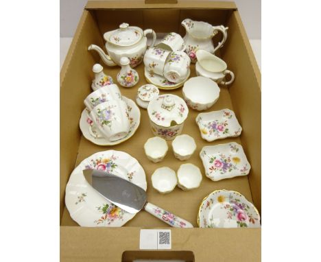 Royal Crown derby 'Posies' ceramics comprising teapot, two cups and saucers, coffee cups and saucer, preserve jar, four egg c