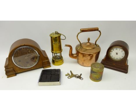 Mahogany inlaid mantle clock, brass miners type lamp, Eastern brass tobacco jar with copper and white metal decoration, coppe