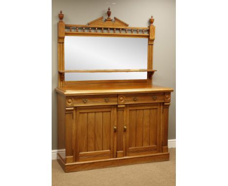 Edwardian walnut chiffonier, raised bevelled mirror back with shelf, two drawers and panelled cupboard, with fluted uprights,