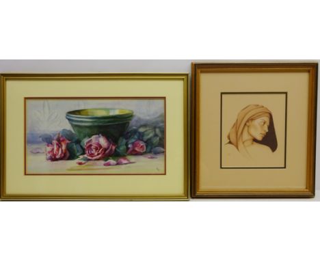 Head Portrait of a Lady, pencil drawing monogrammed 18.5cm x 16cm and Still Life of Roses and Bowl, watercolour signed with i