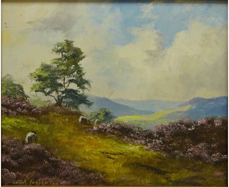 Moorland Sheep Grazing, oil on board signed by Lewis Creighton (British 1918-1996), 'Summer Sunset, Scarborough', ltd.ed colo