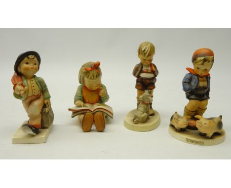 Four Goebel Hummel figurines, 'Merry Wanderer', 'Farm Boy', 'Bookworm' and 'Not for You', H14cm (4)   Condition Report   Clic