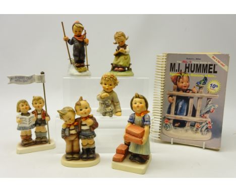 Six Goebel Hummel figurines including; 'Skier', 'The Builder', 'Celebrate with Song', H17cm and three others and M.I. Hummel 