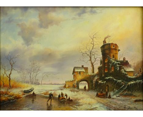 Continental Winter Landscape with Figures Skating on a Lake, 20th century oil on panel signed K. Shultz 29cm x 39cm in ornate