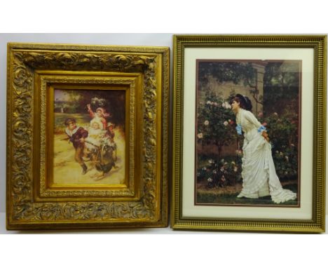 Chilidren Playing, colour print in an ornate gilt frame max 76cm x 65cm and Lady Smelling Flowers in a Garden, 20th century c