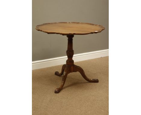 20th century Georgian Chippendale style tripod table, scalloped pie crust tilt top, on turned column, fluted with carved balu