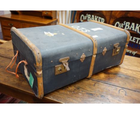 20th century trunk wooden bound trunk with inner tray, by Boswell & Co.Ltd. Oxford W76cm   Condition Report   Click here for 