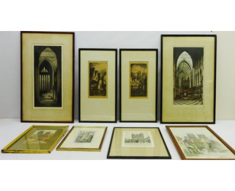 York interest - eleven pictures including York Minster, etchings signed by Edward W Sharland and Charles A Barker, 'Petergate