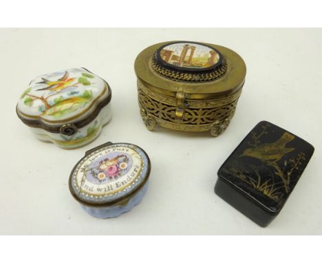 Early 20th century Italian micro mosaic and gilt metal ring box, French porcelain trinket box hand painted with an exotic bir