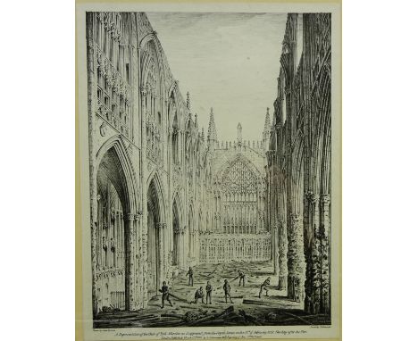 'A Representation of the Choir of York Minster .... The Day after the Fire', 19th century lithograph drawn by John Browne pri