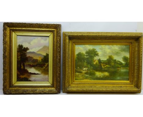 Cattle by a Highland River, oil on canvas indistinctly signed 49cm x 33cm and Rural Farmhouse River Scene, colour print mount
