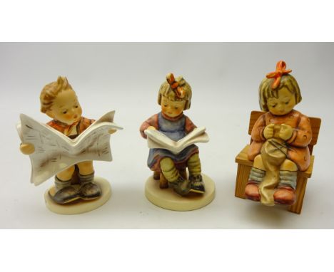 Three Goebel Hummel figurines, 'Latest News', 'What's New?' and 'To Keep You Warm', H15cm, all boxed (3)   Condition Report  